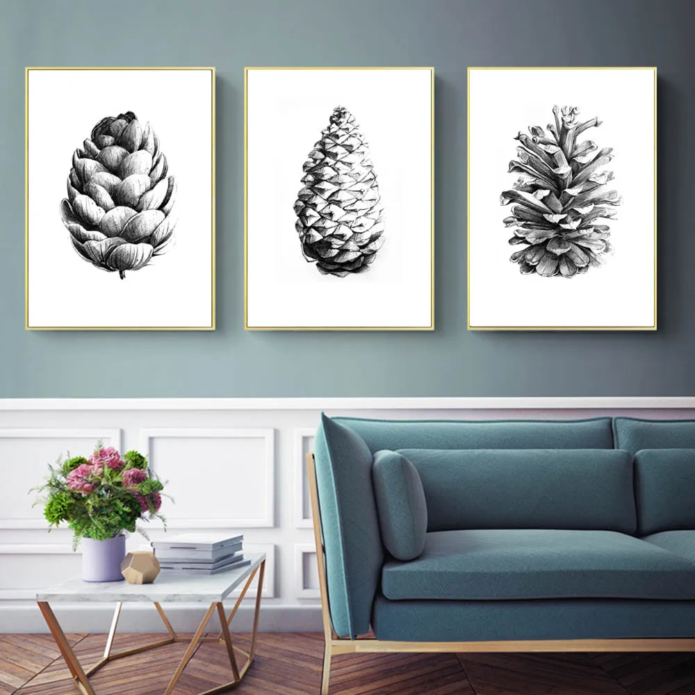 Черно-белая эскизная ручная рисованная картина соснового шишки на холсте, печати настенного искусства, нордические изображения для гостиной, декор дома.