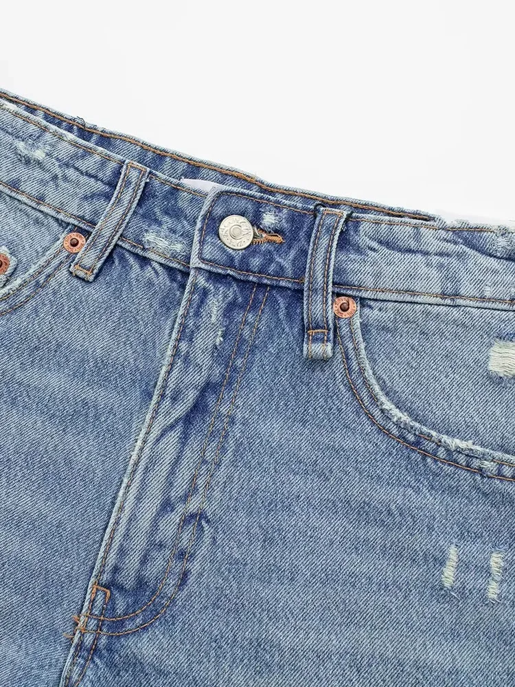 PAILETE Women 2023 fashion turn-up hems faded denim bermuda shorts vintage mid-rise zipper fly female jeans mujer