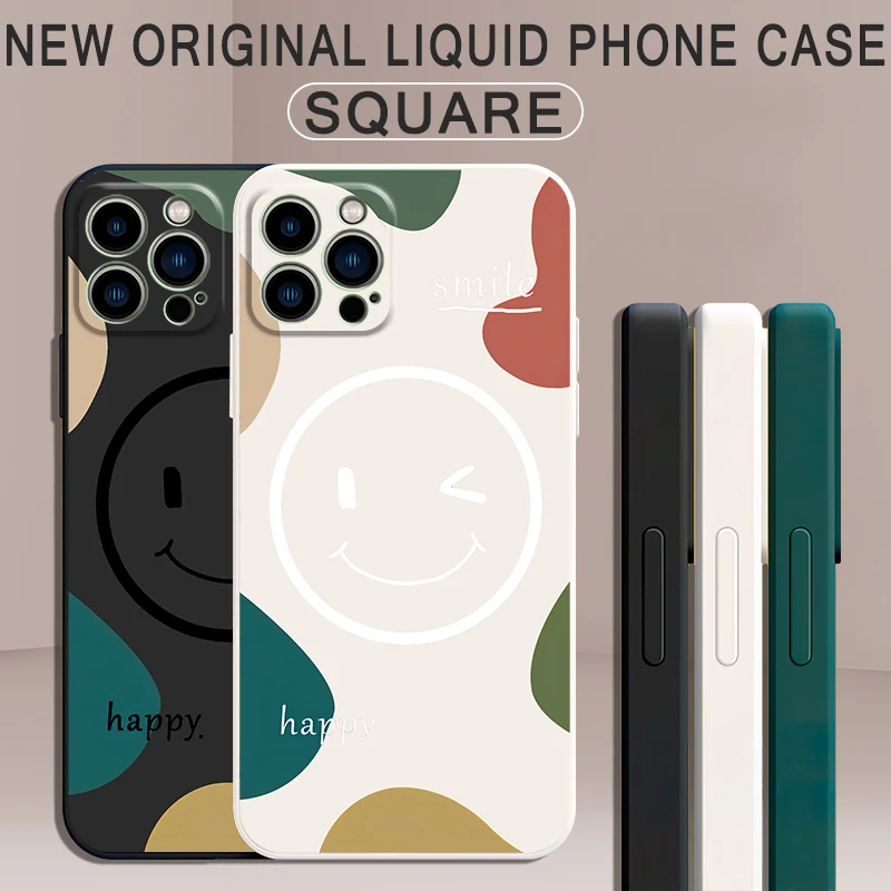 

Case For iPhone 11 13 12 Pro XR X XS Mini Max For 7 8 6 6s Plus INS Color Smiling Face Liquid Silicone Phone Funda Couqe Capa