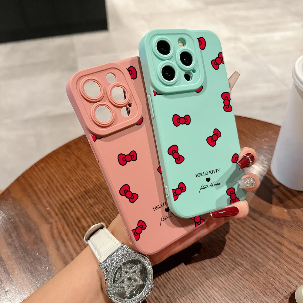 Cute Hello Kitty Bows Pupil Full Screen Phone Case For iPhone 16 15 14 13 12 11 X XR Xs SE2 SE 8 7 Plus Pro Max Mini Silicone