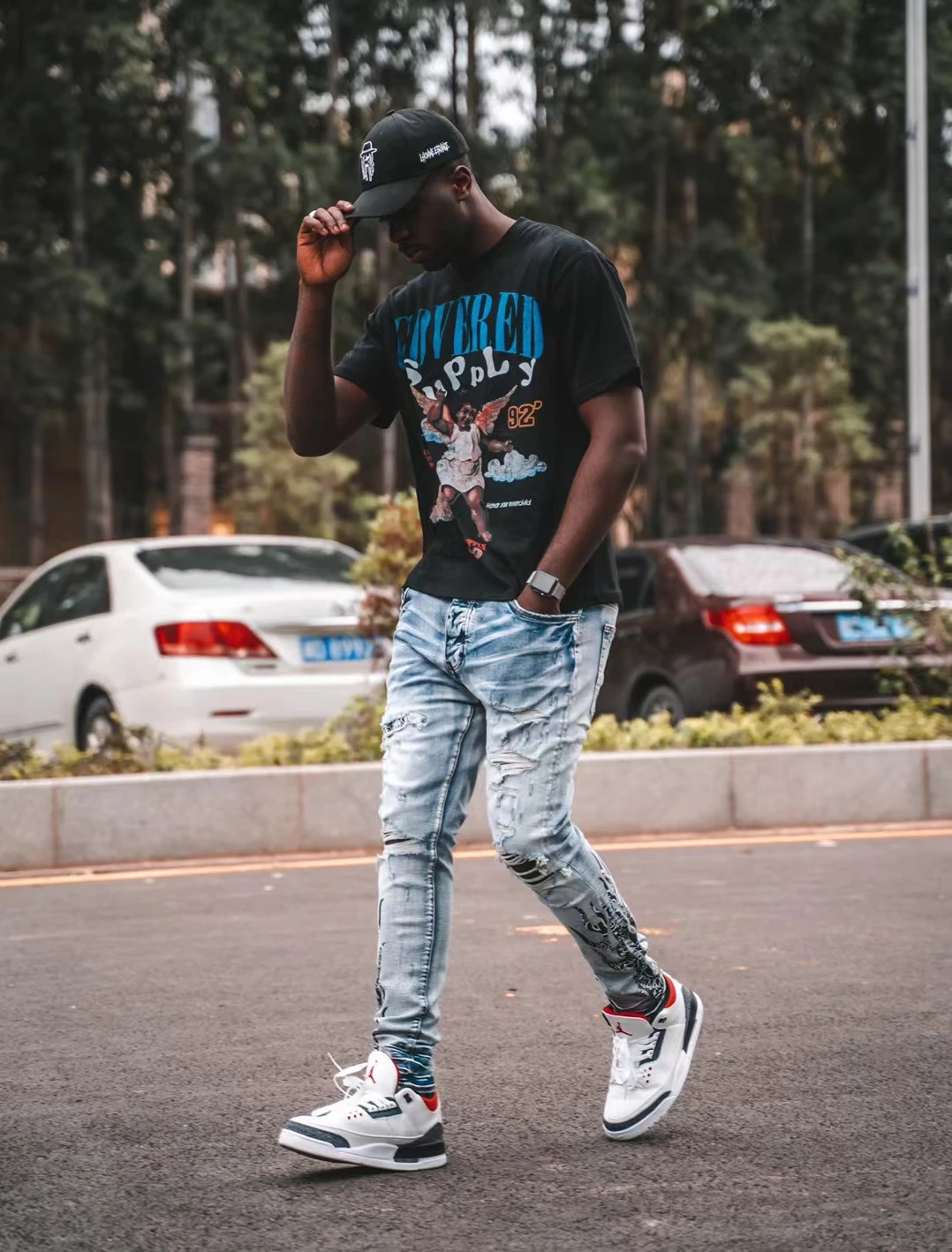 Мужские рваные джинсы AM синие узкие брюки с принтом в виде пламени дырками и