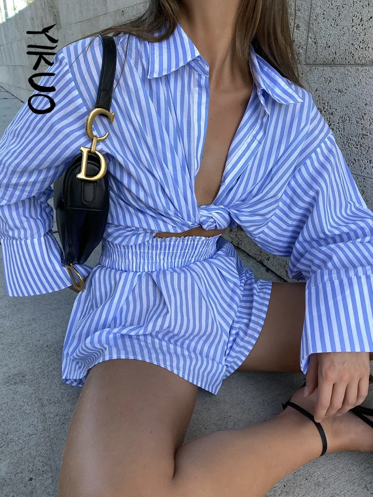 

YIKUO Loung Wear Tracksuit Women Shorts Set Striped Long Sleeve Shirt Tops and Loose High Waisted Mini Shorts Two Piece Set 2022