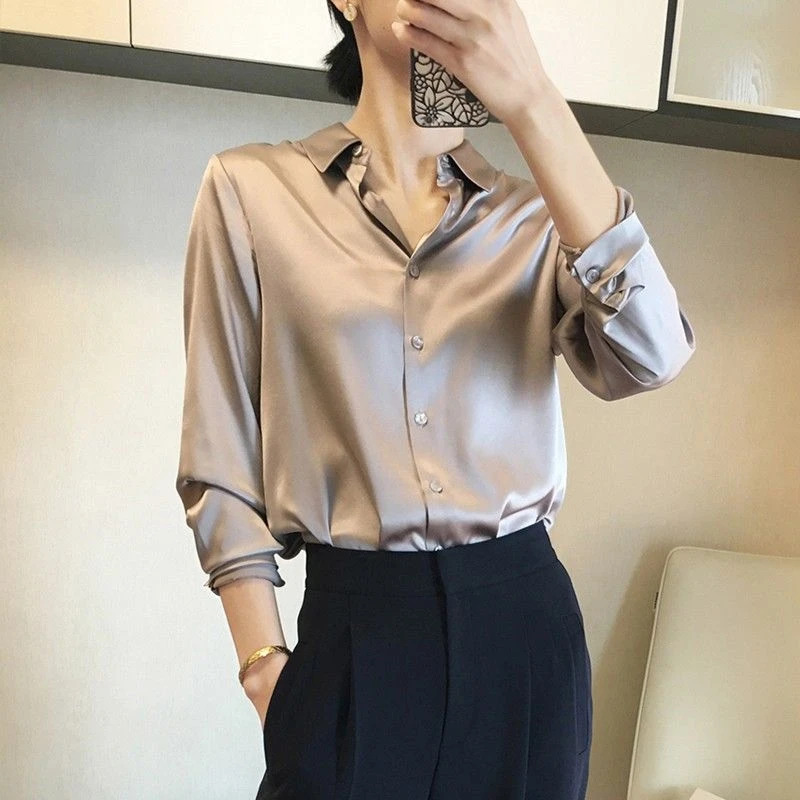 

Multicolor Imitation Silk Shirts Women Elegant Single Breasted Lapel Clothing Satin Feminine Aesthetic Top New Korean OL Blouses