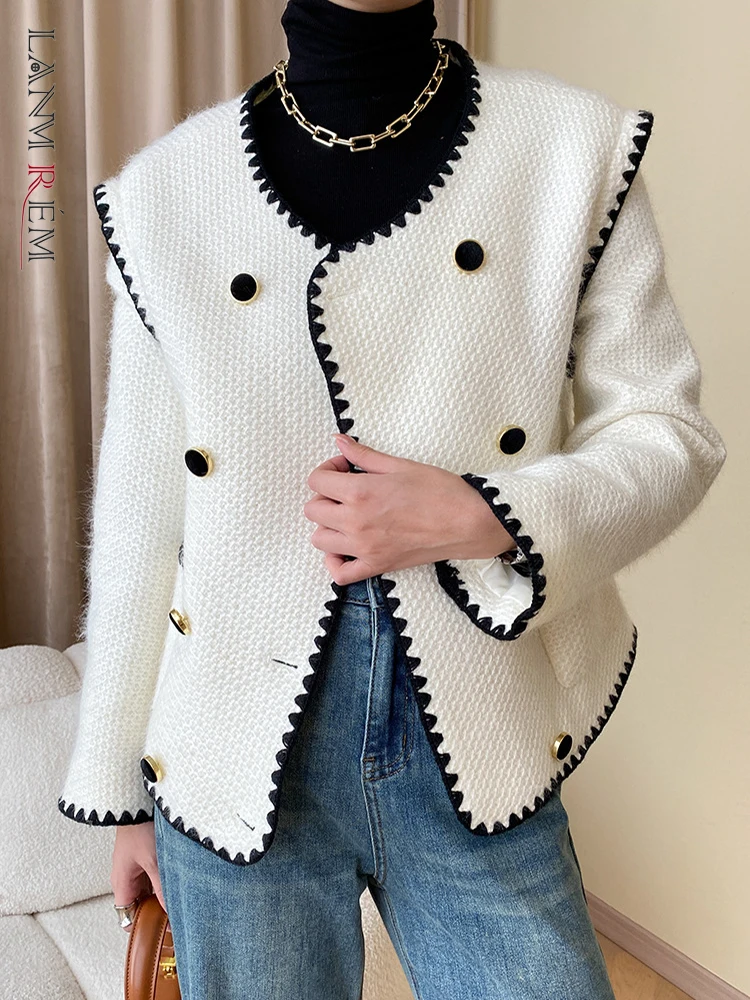 

LANMREM Korean Style Short Woolen Coat Women Contrast Color Round Neck Double Breasted Clothing Fashion 2023 Autumn New 2AA1380