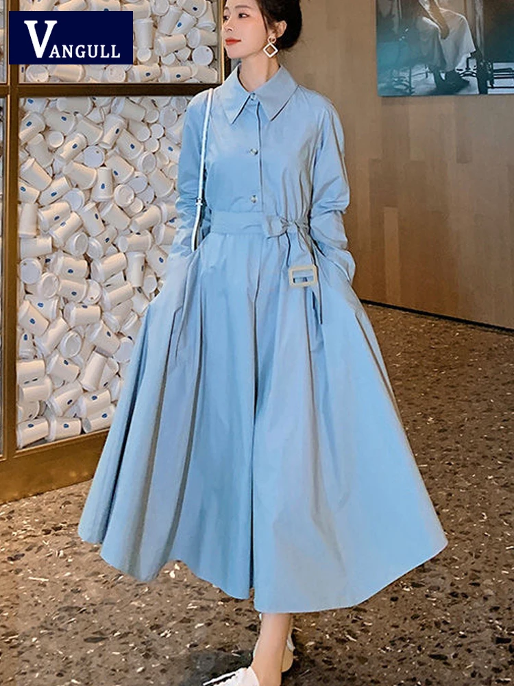 

Vangull Fashion Blue Shirt Dress Women Turn-down Collar Long Sleeve Dress Female Spring New Big Hem Belt Office Lady Dresses