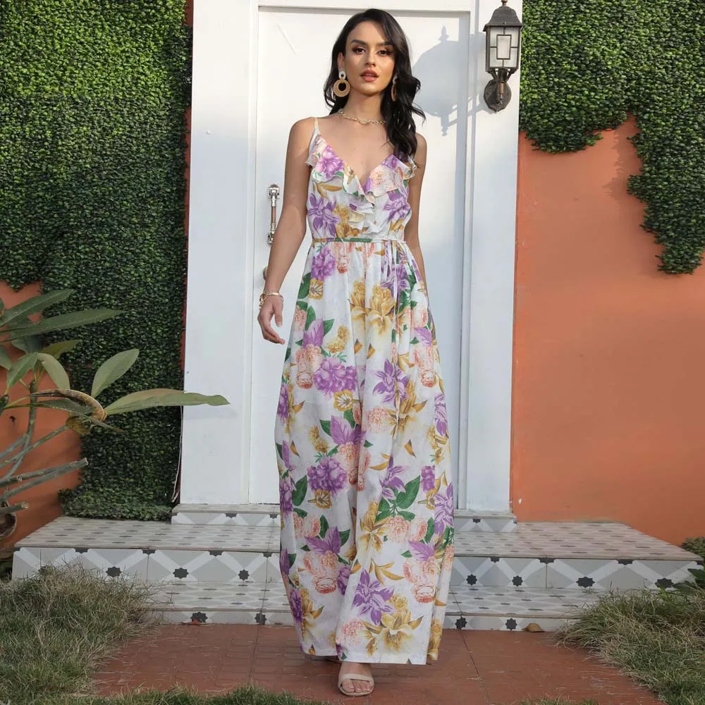 

Bohemian Sexy Jumpsuit Vacation Style Beach Pants Loose Trousers Impervious Lined Suspender Printed Jumpsuit 2022 Summer New