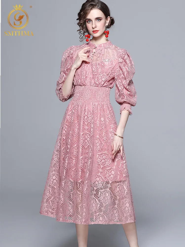 

SMTHMA Новое весенне-осеннее повседневное Розовое Кружевное Открытое платье для женщин с круглым вырезом и высокой талией средней длины плисс...