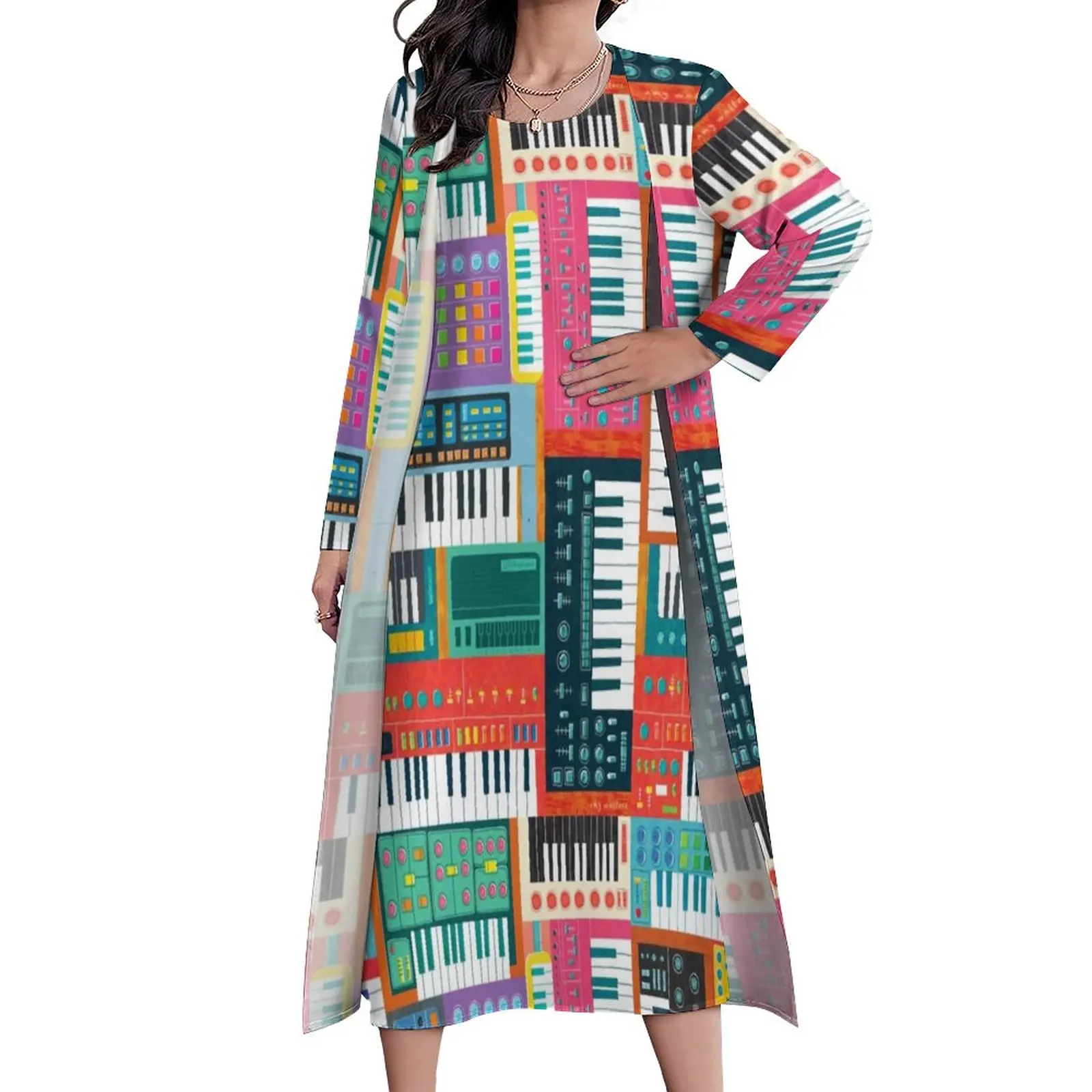 

Женское винтажное платье макси, длинное платье из двух частей, с музыкальной клавиатурой, в стиле поп-арт, в богемном стиле, уличная одежда, б...