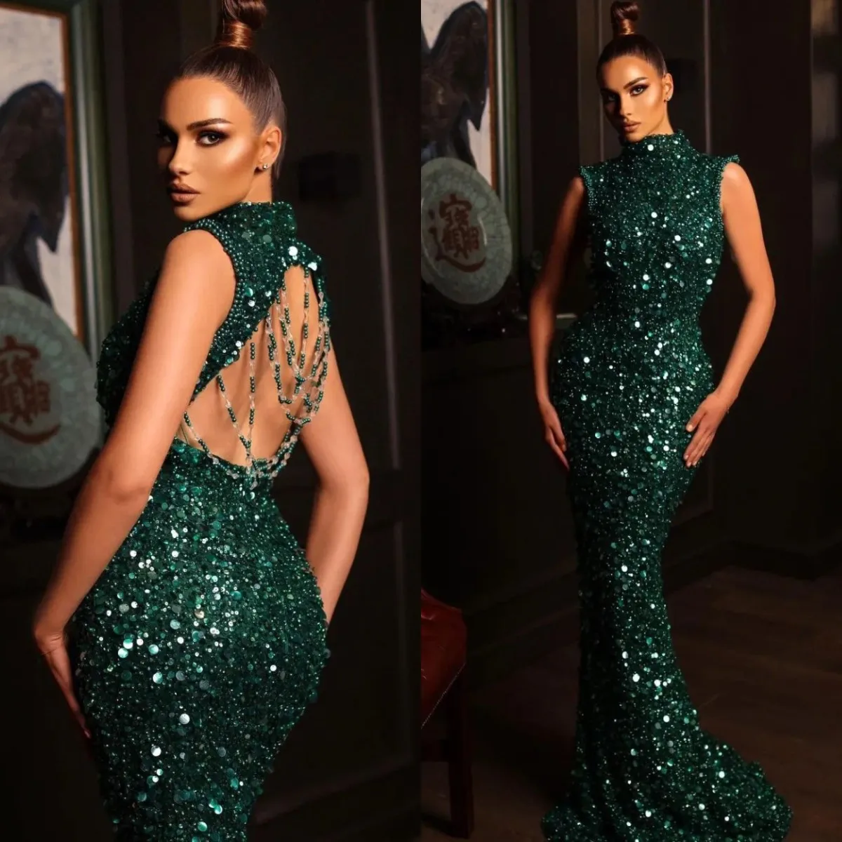 

Hunter Green Mermaid Evening Dresses Backless Beading Modern robe soirée femme Sequin Prom Gowns Party Celebrity Dress Robes