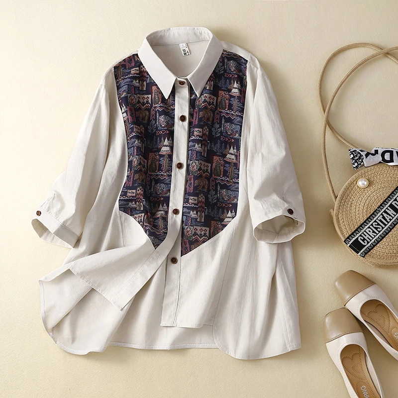 

SuperAen 2022 Retro Printed Cotton and Linen Blouse Irregular Splicing Shirt Spring/summ Turn-down Collar Casual Womens Tops