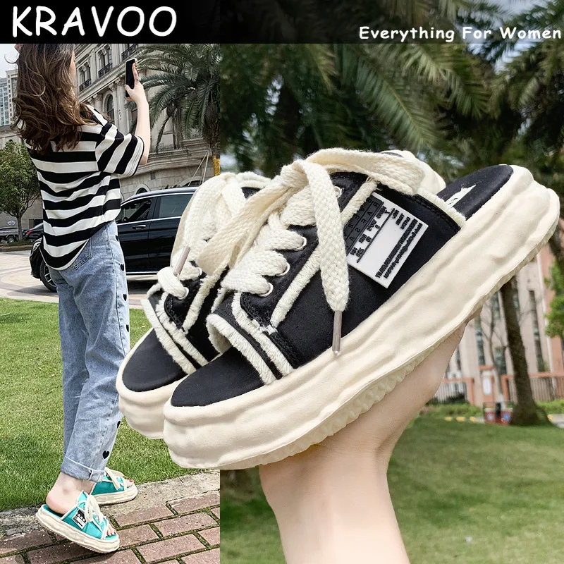 

KRAVOO Shoes for Women Peep Toe Casual Sandals Canvas Half Female Slippers Platform Ladies Shoes Fabric Wedges 2023 Summer