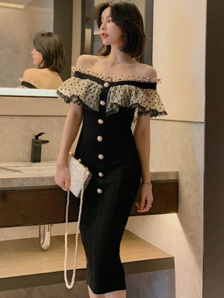 

2023 Elegant Slash Neck Office Pencil Dress Women Korean Slim Single-breasted Sheath Dresses Work Bodycon Vestidos Summer