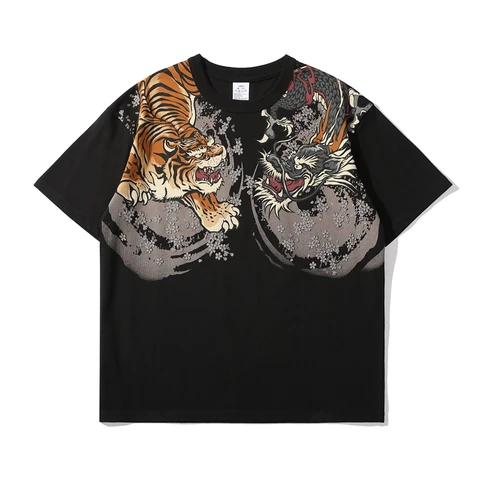 Футболка мужская с принтом тигра и дракона, модная винтажная уличная одежда в японском стиле, хипстерская Повседневная рубашка с коротким рукавом