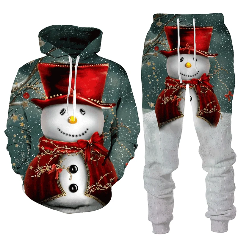 

Christmas Snowman Printed Hoodie Suit Autumn and Winter Fashion Men's Women's Hooded Pullovers Sets Christmas Costume For Gift