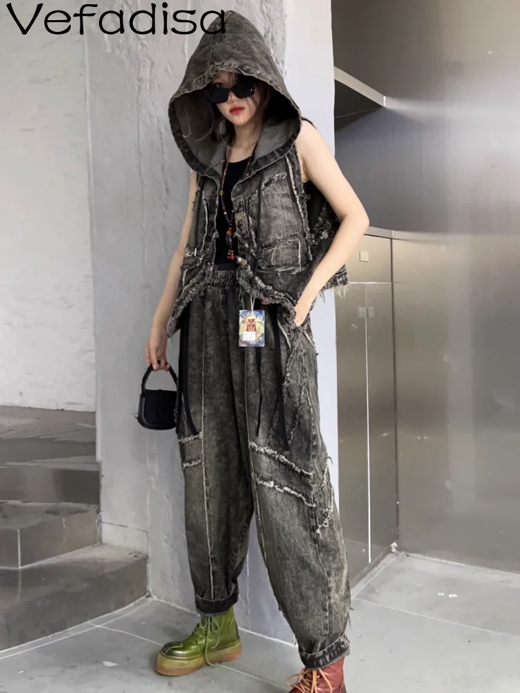 

Vefadisa 2023 Summer Fashion Set Women Personalized Vintage Thin Denim Hooded Vest Harlan Pants Black Two-piece Set ZY1730