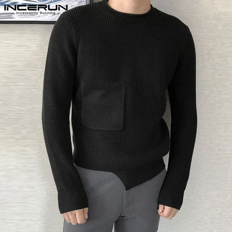 

Fashion Well Fitting Tops INCERUN Men's O-Neck Solid Wool Fabric Pullovers Comfortable Irregular Hem Long Sleeved Sweater S-5XL