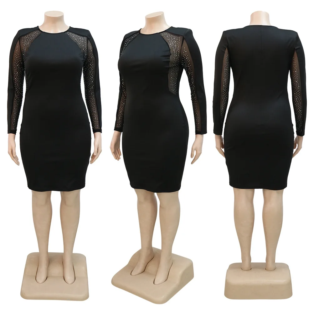 Plus Size Diamonds Sheer Mesh Patchwork Mini Dress 5XL Long Sleeve Bodycon Vestidos Autumn Night Party Club Elegant Robes 2022