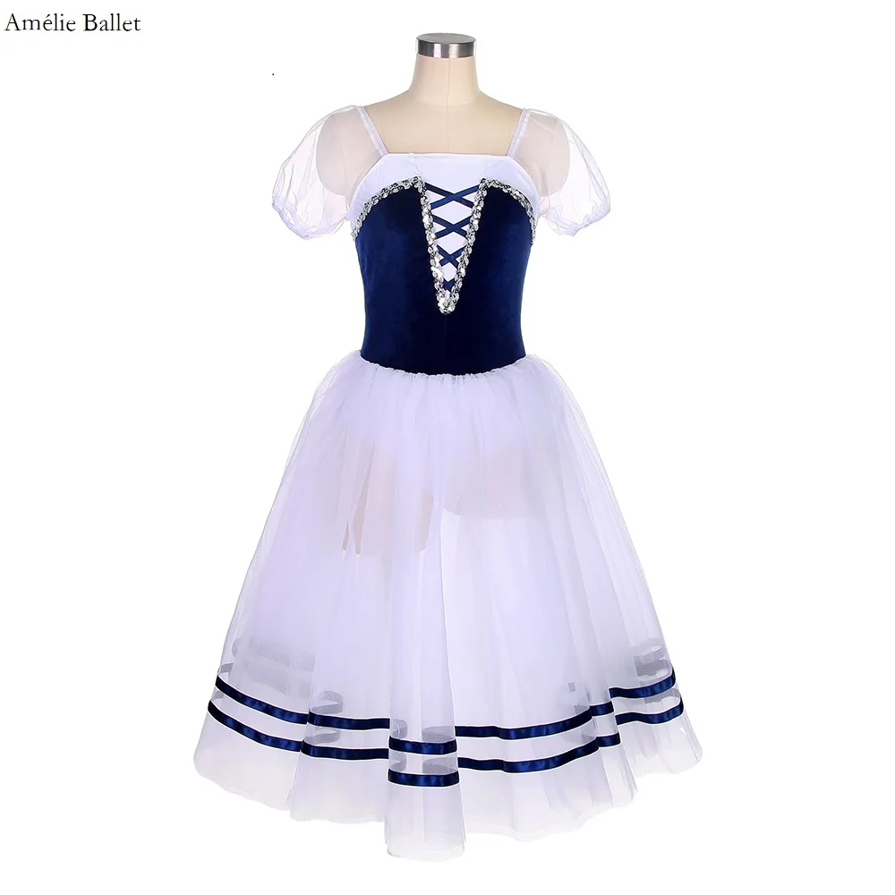 

18700 Dark Blue Velvet Stretch Bodice With Puff Sleeve Long Ballet Tutu For Girl & Women Ballerina Dance Costume Practice Dress