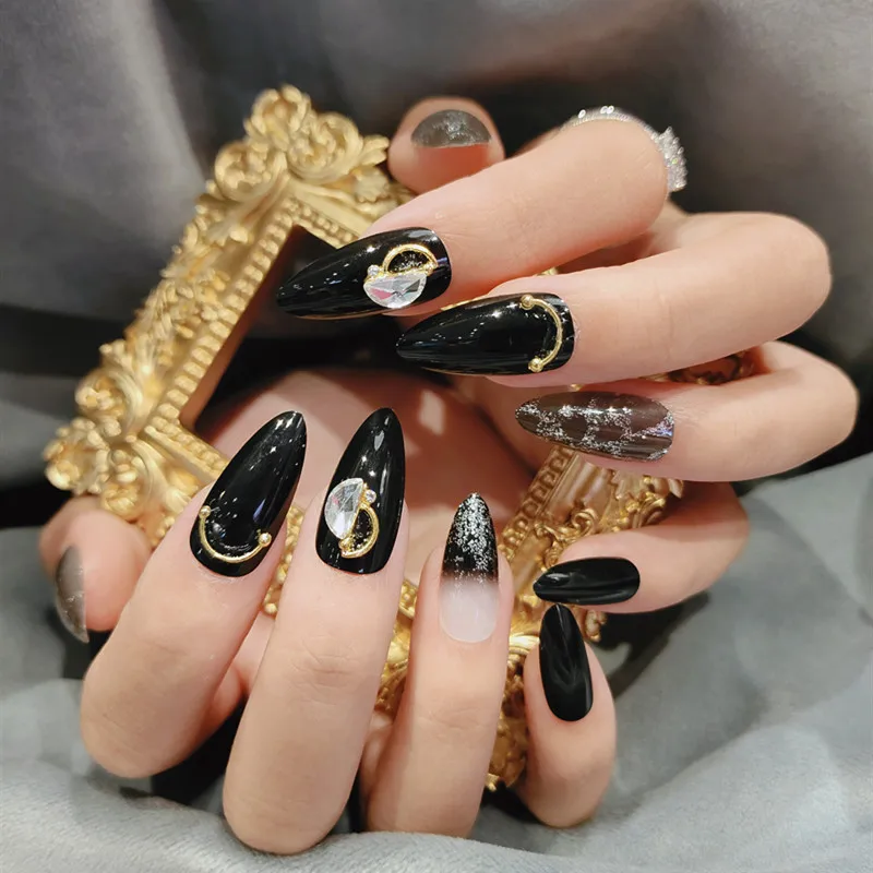 

24 шт./компл. Черные накладные ногти в стиле панк прозрачные серые маникюрные накладные ногти с полным покрытием женские салонные ногти накл...