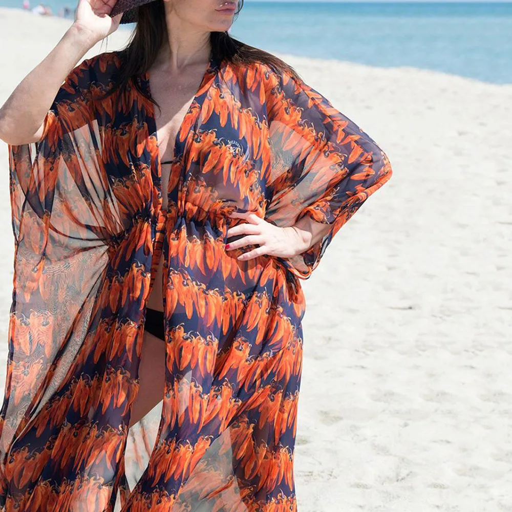 

2022 Bohemian Printed Bikini Cover-Ups Elegant Holiday Kimono Dress Tunic Women Long Plus Size Beach Wear Swim Suit Cover Up