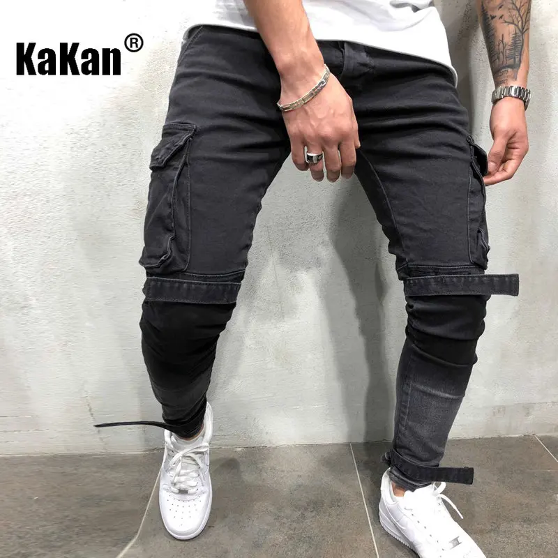 Kakan - New European and American Large Pocket Casual Strap Small Foot Jeans for Men, Black Slim Fit Long Jeans K49-105