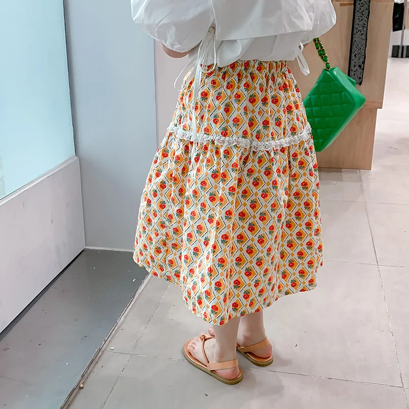 

Summer new Girls lace patchwork floral skirts Kids 2 colors cotton all-match skirts bottoms