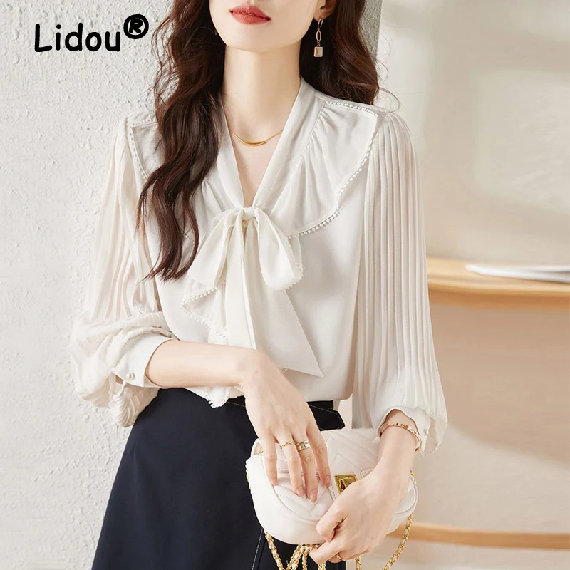 

Women Clothes Ruffle Bow Lace Elegant Chic Button Shirts Spring Autumn Fashion Pleated Long Sleeve Blouse White Sweet Fairy Tops