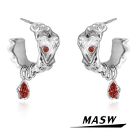 masw original design red zircon teardrop earrings for women female popular style metal silver color drop earrings for women