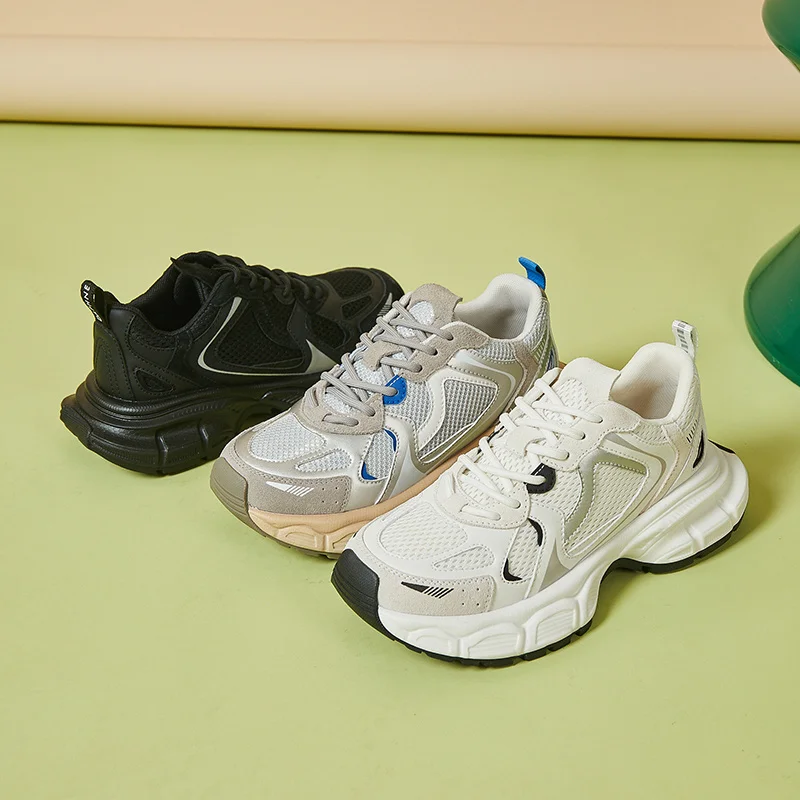 Autuspin Outdoor Casual Sport Shoes Women Spring Summer Sneakers Suede Leather Thick Heels Retro Platform Breathable Shoes Woman