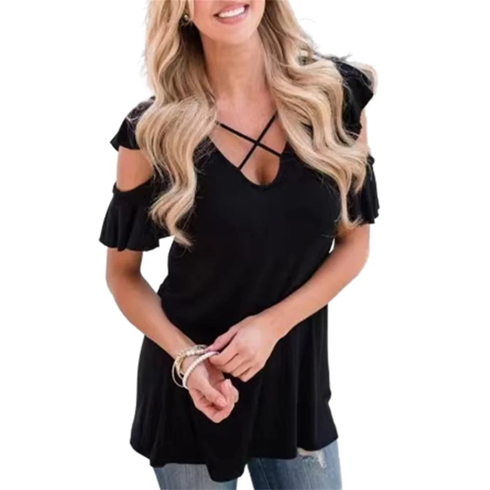 Womens Clothing 2022 Summer Sexy Off Shoulder Cross V Neck Casual Elegant T-Shirt Fashion Loose Ruffles Short Sleeve Ladies Tops