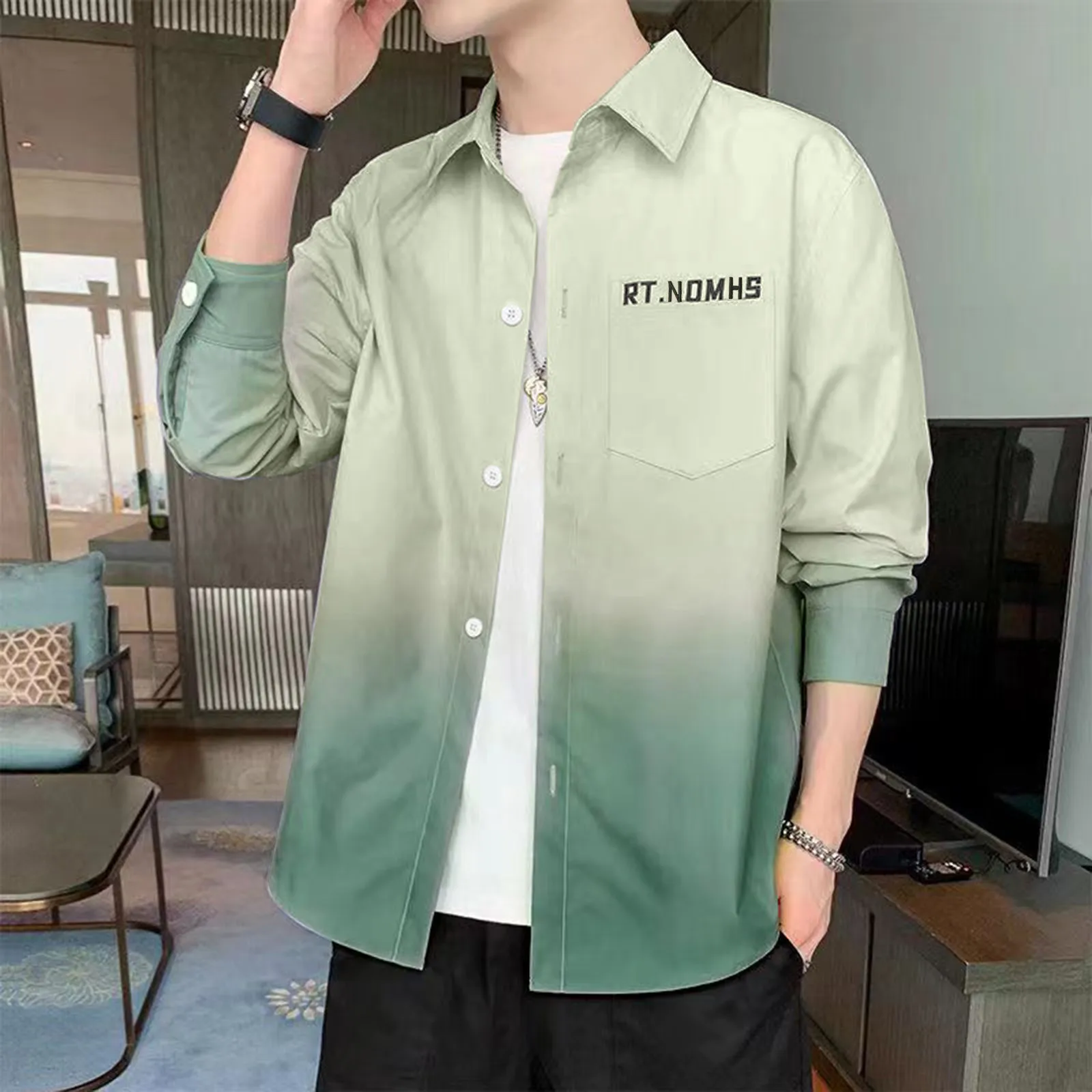 

Рубашка мужская демисезонная с длинным рукавом, повседневная сорочка с градиентным принтом, однобортная, в Корейском стиле, винтажный Топ в...