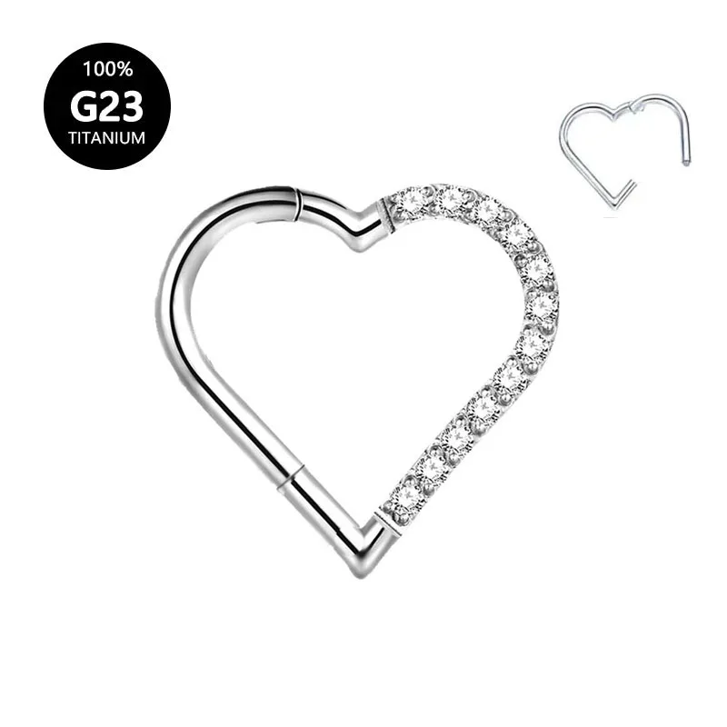 

100% ASTM F136 G23 Titanium Heart Nose Rings CZ Zircon Septum Hoop Earrings Daith Conch Helix Piercing Cartilage Tragus Stud 16G