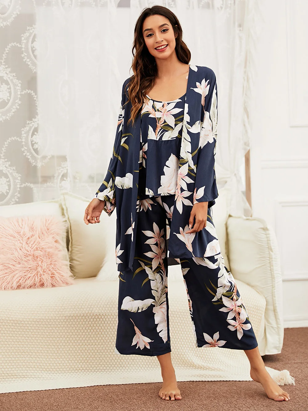 Spring Fall New Ladies Pajamas Set 3pcs Cartoon Banana Leaves Printed Women Comfort Loose Homewear Femme Sleepwear Jumpsuit