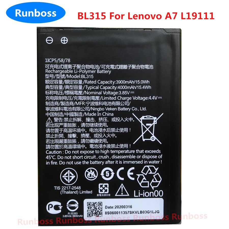 

Real 4000mAh BL315 New Original High Quality Mobile Phone Battery For Lenovo A7 L19111