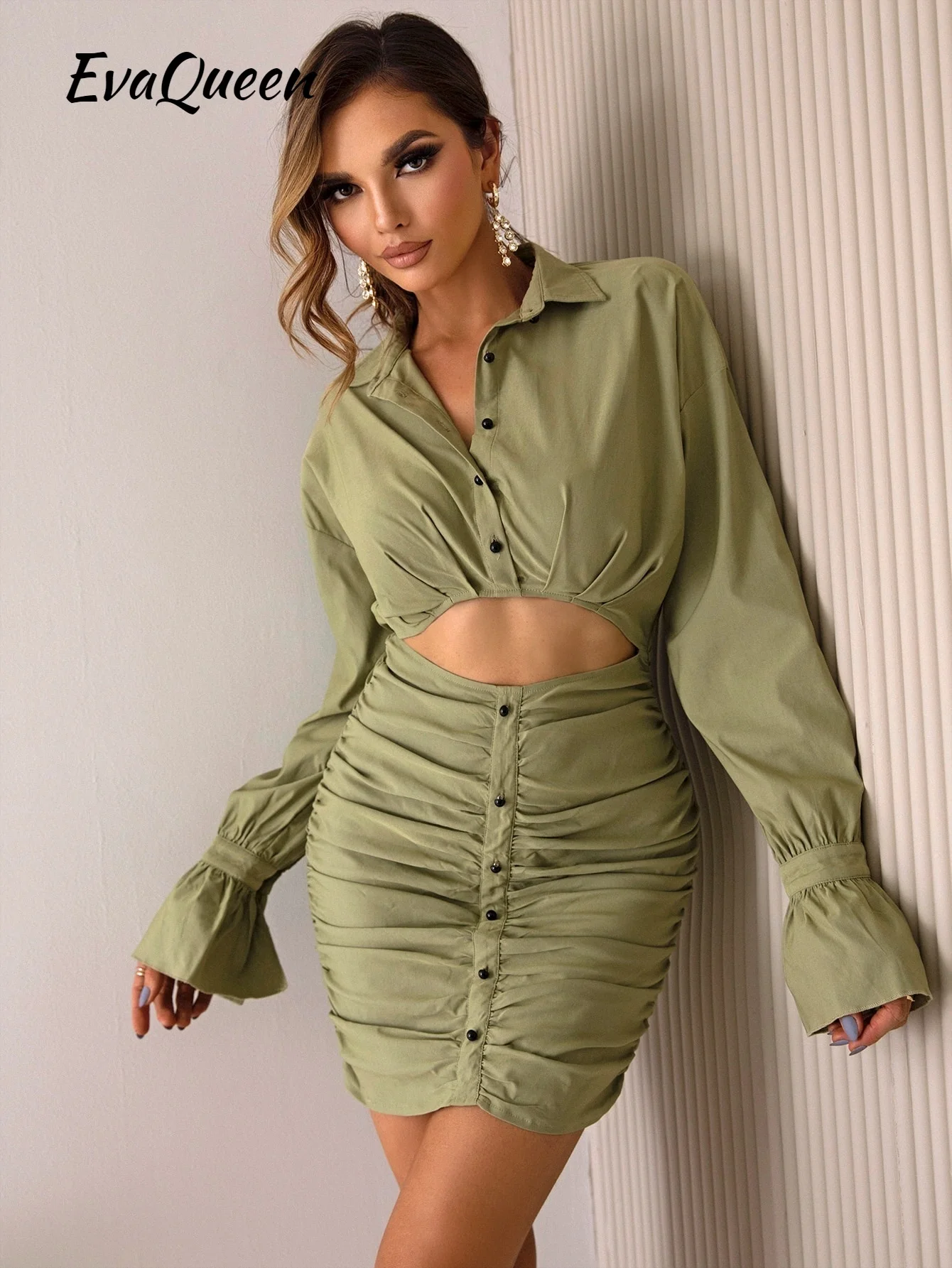 

EvaQueen Ruched Cut Out Flounce Sleeve Bodycon Dress