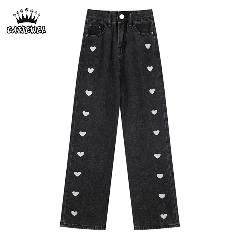 

Женские джинсы с вышивкой Love, винтажные прямые брюки с высокой талией, уличные черные широкие мешковатые джинсовые брюки большого размера