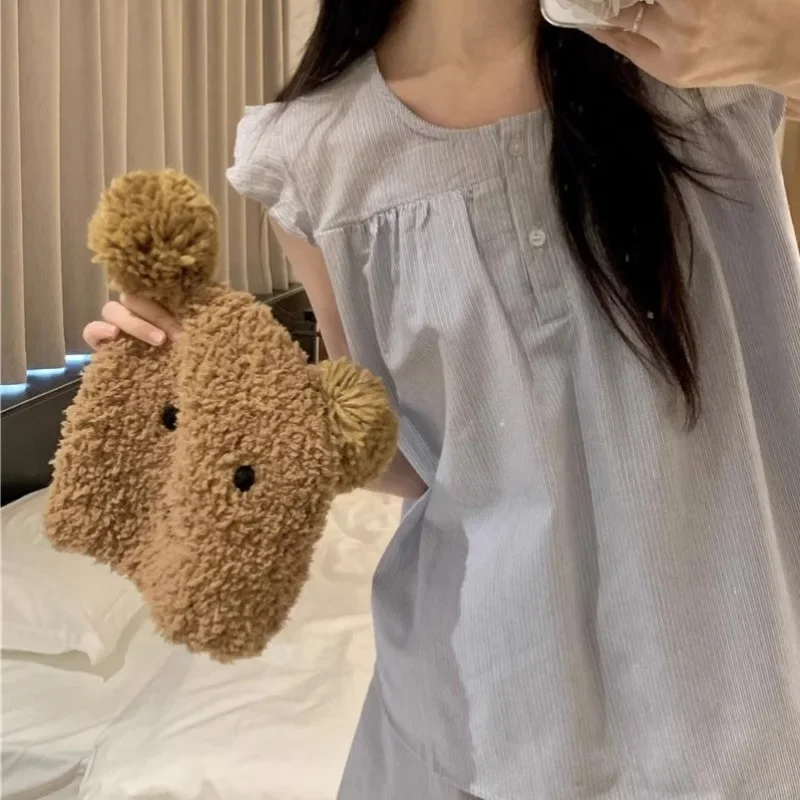 Новинка лета 2024 хлопковая женская одежда для сна с синей полоской и v-образным