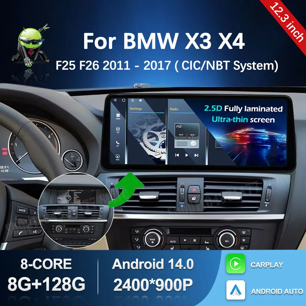 Фото Автомобильный аудио-видео мультимедийный плеер с GPS Android 14 для BMW X3 X4 F25 F26 2011 2012 2013-2017 CIC NBT System WiFi BT Carplay 4G №1
