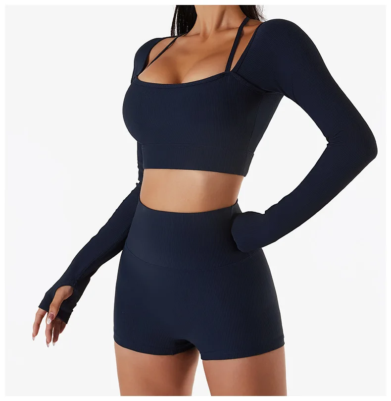 

2022 Summer New Women Yoga Shirt with Chest Pad Long Sleeves Breathable Cropped Tops Fitness Slim Tight Sportswear [Only Shirt]