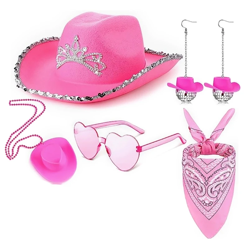 

Oversized Heart-Shaped Glasses and Pink Cowboy Cap Fashion Accessory Set for Proms and Holidays Present
