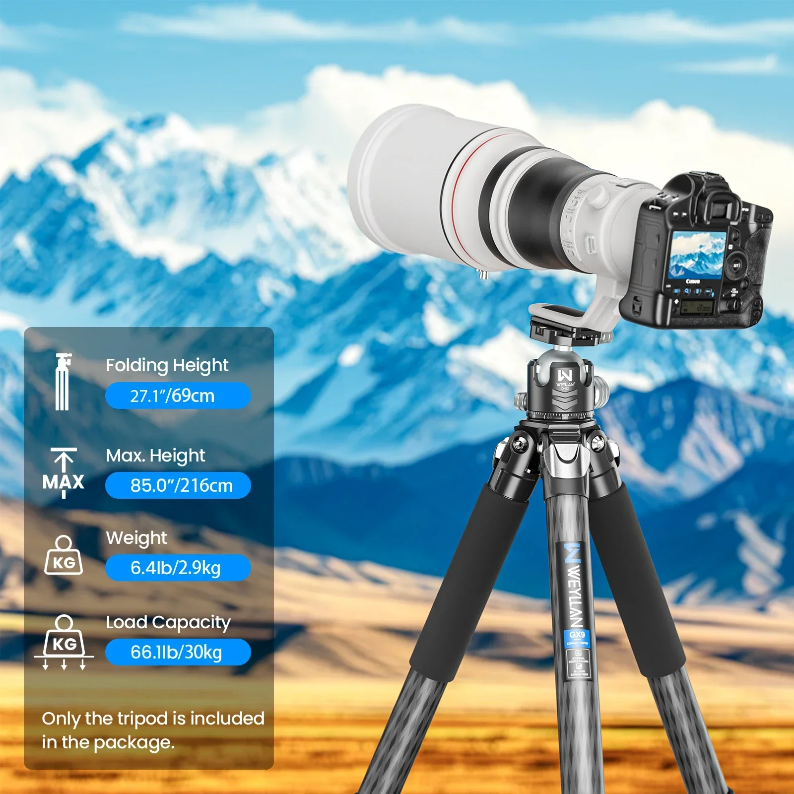 Фото WEYLLAN GX9 сверхмощный штатив из углеродного волокна, профессиональный компактный штатив для камеры, монопод для DSLR-камеры, телеобъектив, нагрузка 30 кг №3