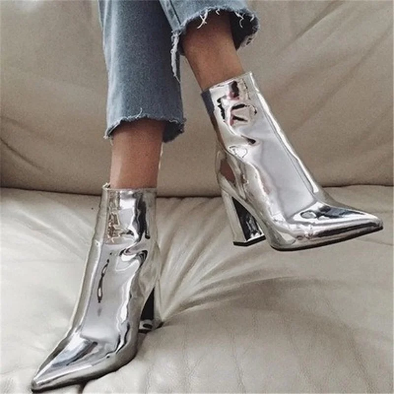 

Fashion Gold Silver Patent Leather Women Ankle Boots Pointed Toe High Heel Boots Sexy Stiletto Women Pumps Chelsea Boots