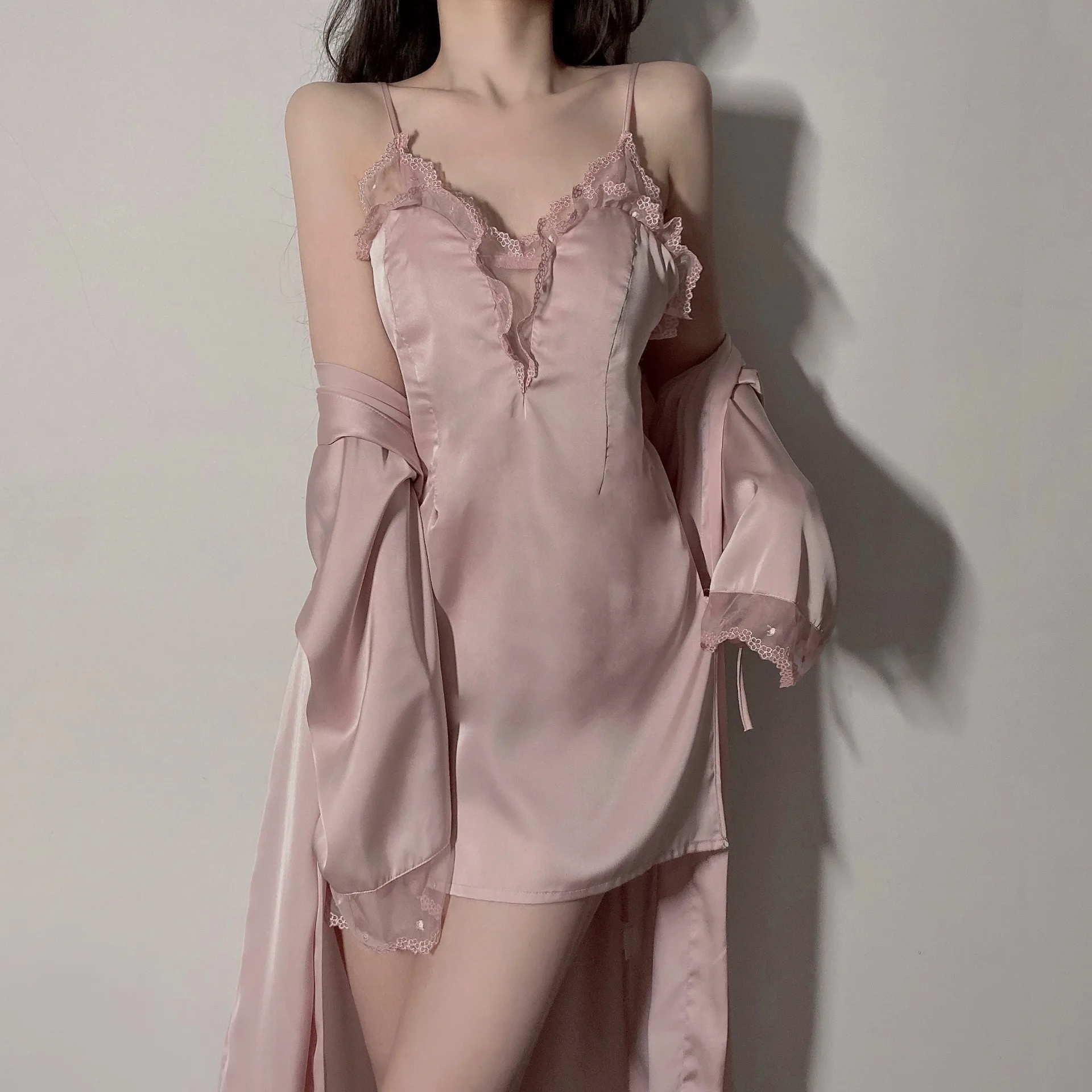 Пикантный кружевной халат ночная рубашка комплект из 2 предметов одежда для сна