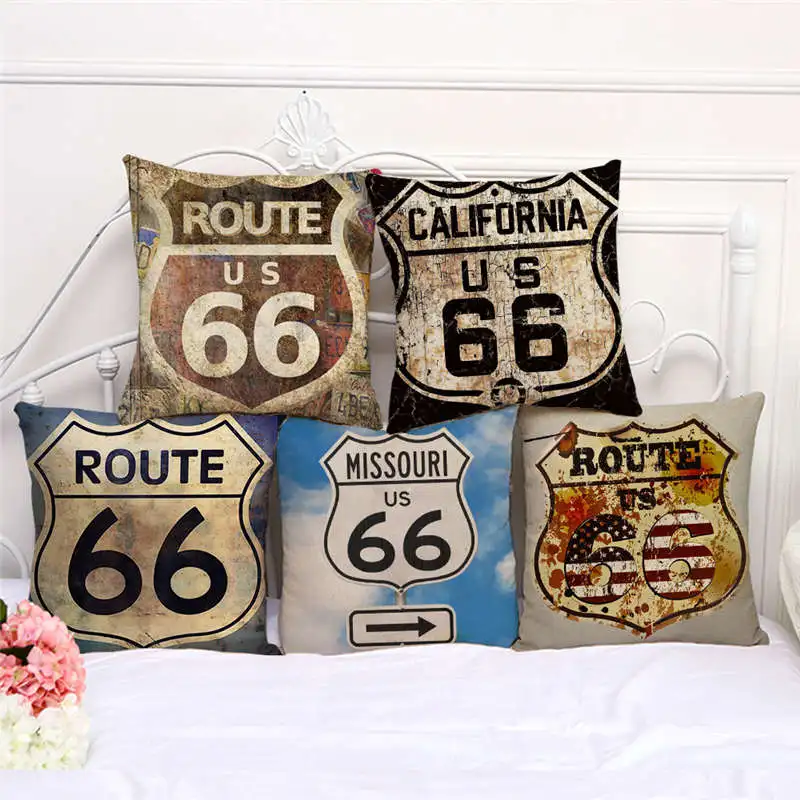 

45x45cm Retro American Highway Route 66 Throw Pillow Case Cushion Covers Home Living Room Decoration Pillowcover Home Sofa Decor
