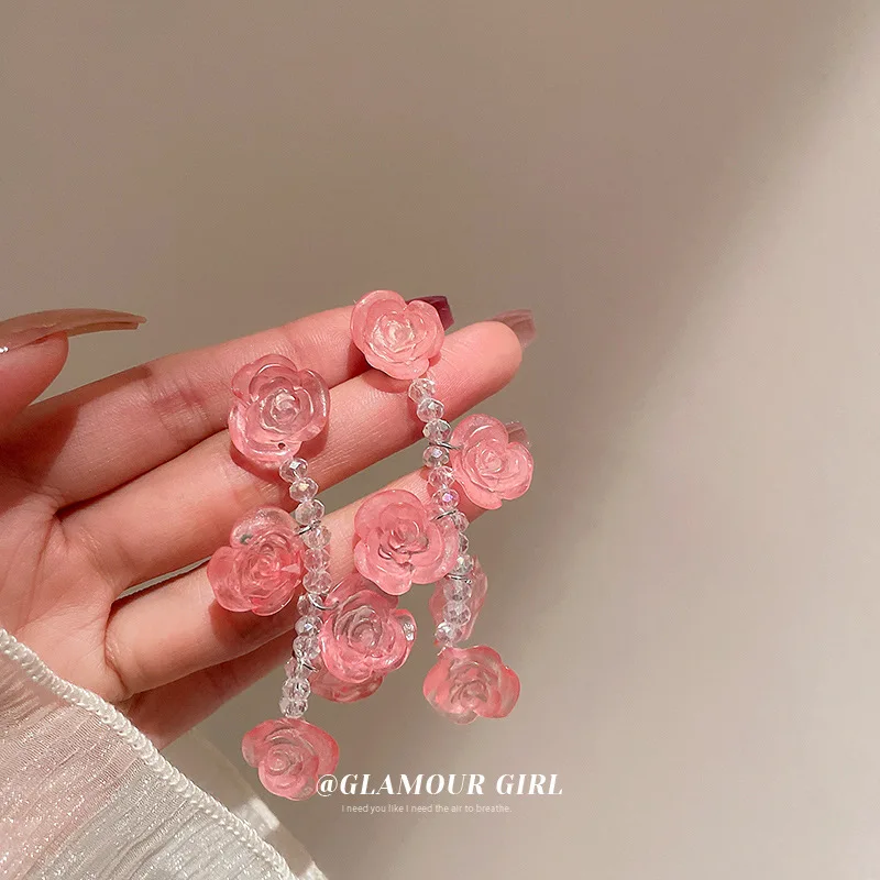 

Romantic Pink Color Arcylic Rose Long Drop Earrings for Women Transparent Crystal Flower Pendant Earrings Party Daily Jewelry