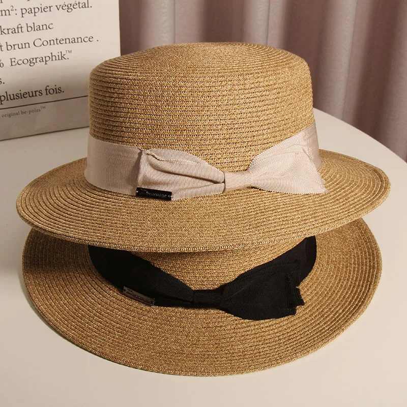

New Wide Brim Summer Hat for Women Flat Top Bow Webbing Straw Hat Sun Hat Beach Hat Sun Protection Jazz Hat Kentucky Derby Hat