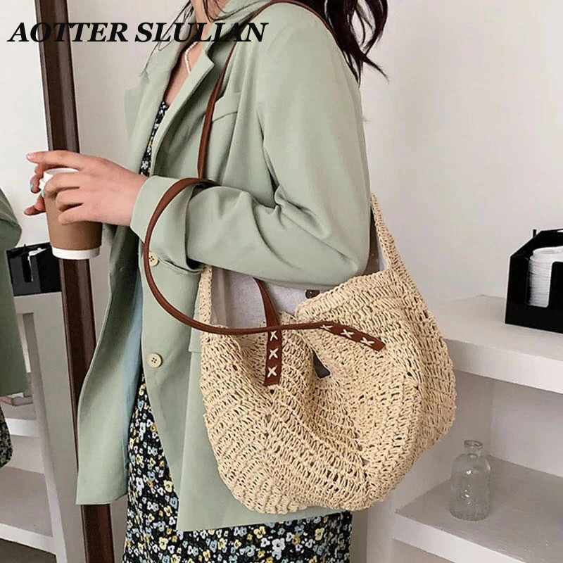 2022 Fashion Women Straw Shoulder Bag Bucket Aesthetic Tote Bag Summer Casual Beach Woven Handmade Weaving Handbag Accessories