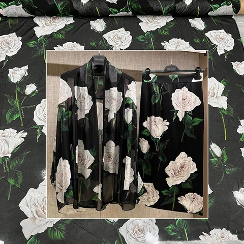 Итальянская брендовая модная дизайнерская ткань с принтом белой розы, мягкая драпированная полиэфирная стрейчевая атласная ткань для платья на метр