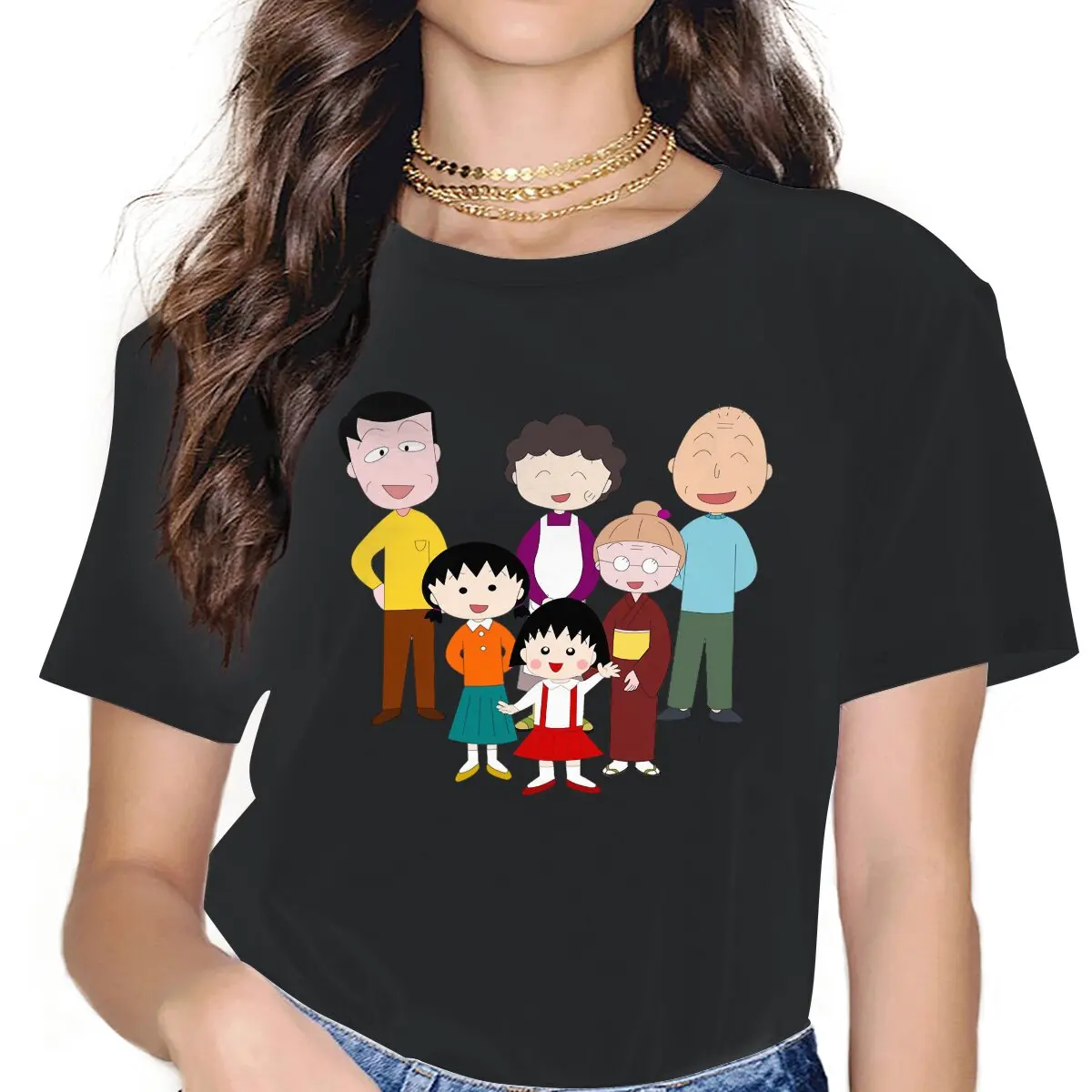 

Семейные женские футболки Chibi Маруко-тян, милые винтажные футболки для девочек, футболка с коротким рукавом и круглым вырезом, летние топы