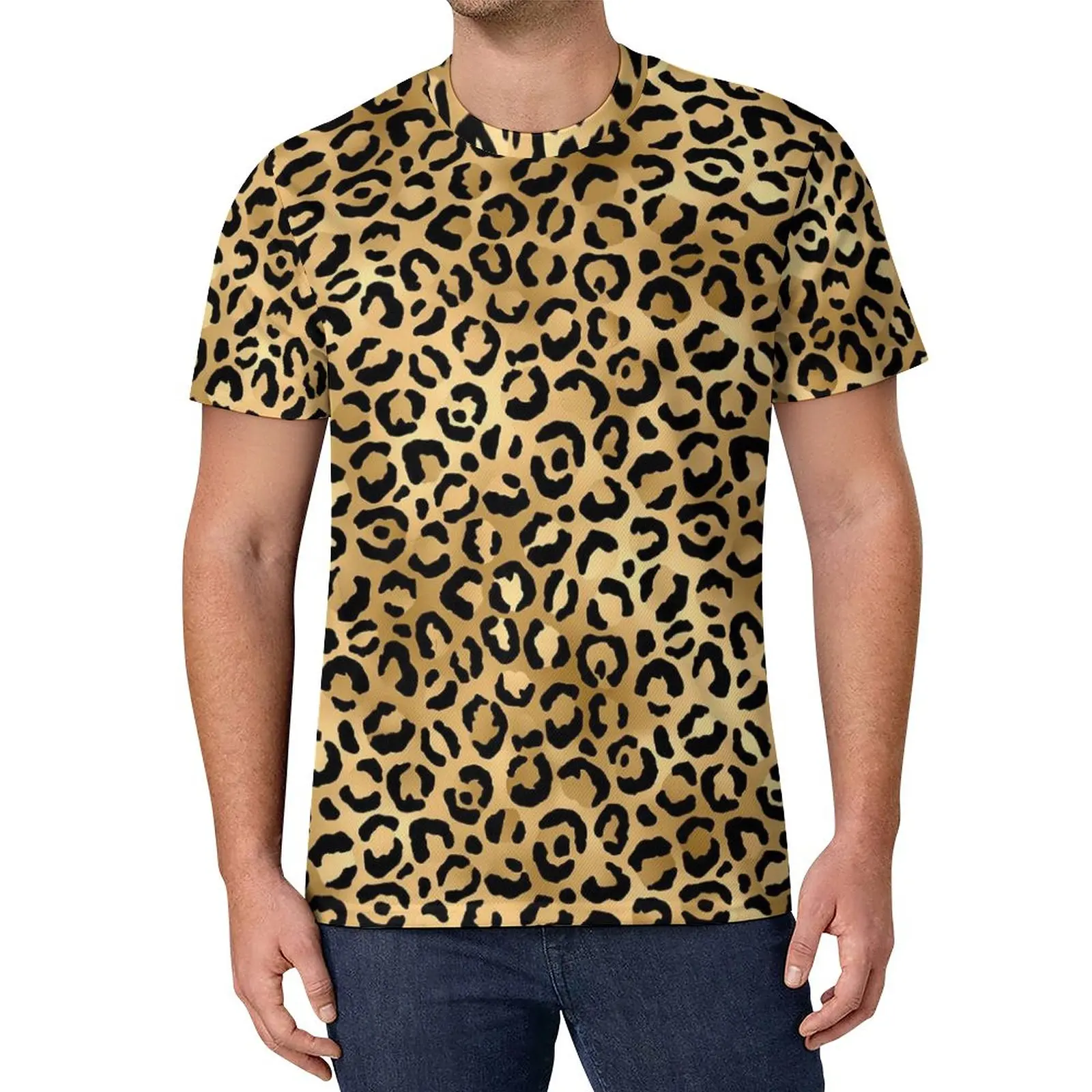 

Футболка мужская с принтом гепарда, Базовая рубашка в стиле хип-хоп, с коротким рукавом, графический Рисунок, чёрная, золотая, леопардовая расцветка, большие размеры, на лето
